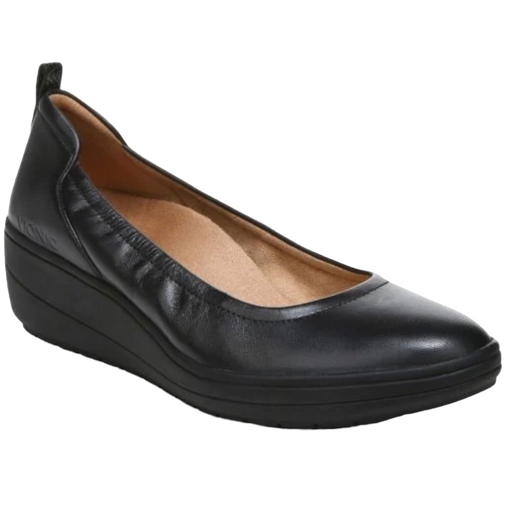 VIONIC Jacey Wedge Black Round Toe Leather Shoes size 7 APMA